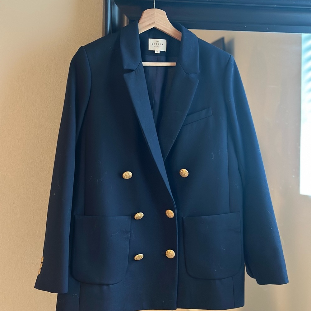 Sezane Navy Blazer with Gold Buttons